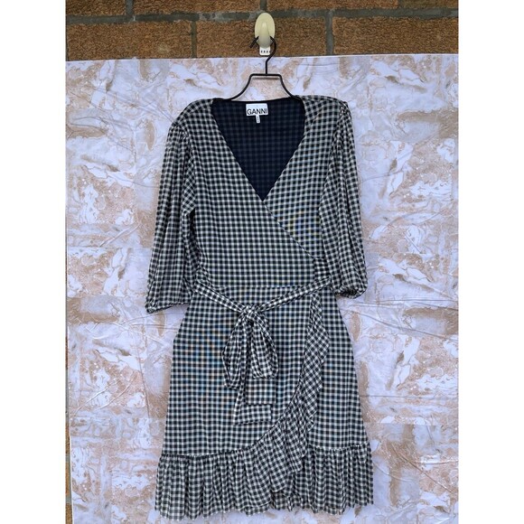GANNI Gingham Mesh Wrap Mini Dress size 34/4 - Picture 2 of 11